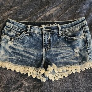 Almost Famous Distressed Blue Jean Shorts with Lace (Junior's)